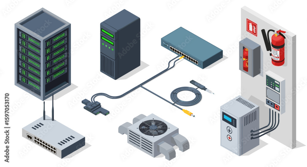 Isometric view of server room equipment including servers switches cables and fire safety equipment shown Isometric view of server room equipment including servers switches cables and fire safety equipment shown