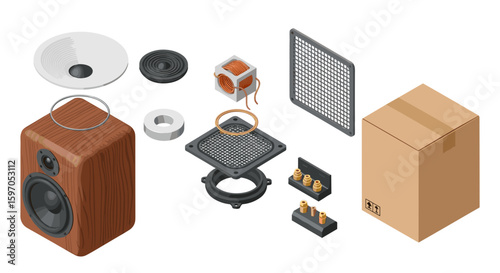 Isometric view of a disassembled speaker with various components and a cardboard box on a white background