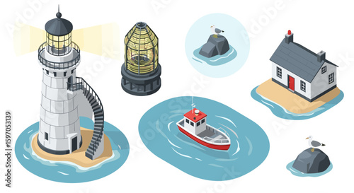 Isometric view of lighthouse, boat, house, and seagulls on rocks in a coastal scene illustration
