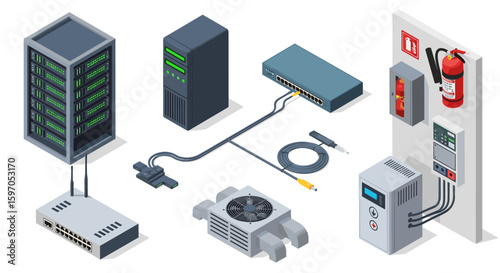 Isometric view of server room equipment including servers switches cables and fire safety equipment shown