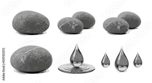 Arrangement of gray toned eggs and water droplets on a white background in a still life composition