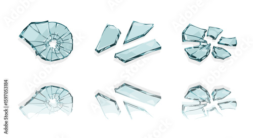 Collection of six distinct arrangements of shattered glass shards on a white surface seen from above