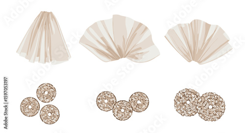 Illustrative arrangement of beige fabric folds and circular sequin embellishments displayed on white background