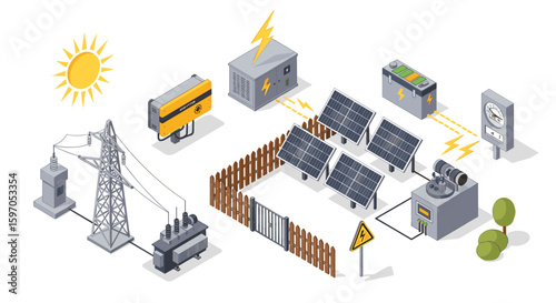 Isometric view of solar panel system with sun, power tower, battery, and fence demonstrating energy flow