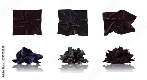 Six dark colored draped fabrics in different arrangements and textures on a white reflective surface