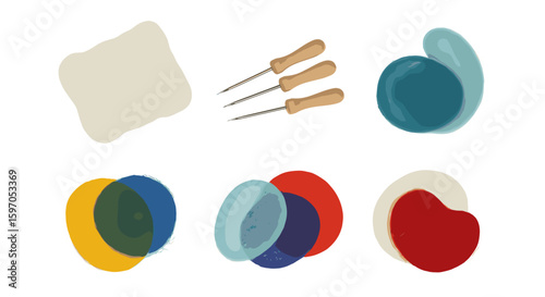 Abstract composition featuring a cream colored blob three awls and several overlapping color shapes