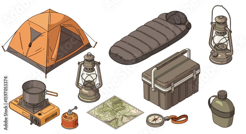 Isometric camping gear arrangement featuring a tent, sleeping bag, and cooking equipment for outdoor adventures
