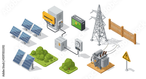 Isometric view of solar panels inverter battery transformer and electrical grid components shown together