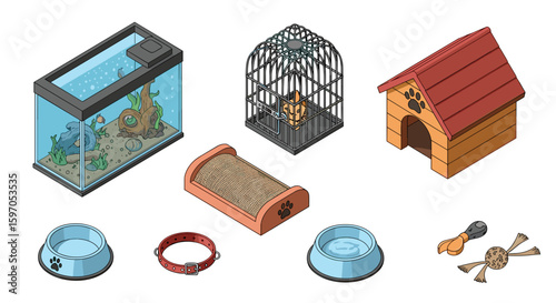 Isometric view of various pet supplies including a fish tank, bird cage, and dog house arranged neatly