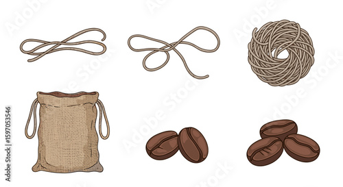 Illustration showing coffee beans, a burlap sack, and tied strings on a white background viewable