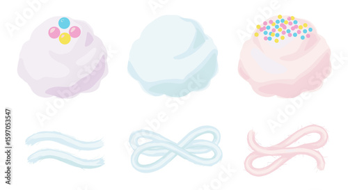 Watercolor style illustration of three cotton candy treats and three infinity symbols artfully displayed