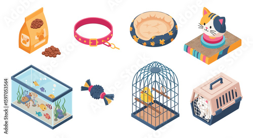 Isometric view of pet supplies including food collar bed cat toy aquarium birdcage and carrier items