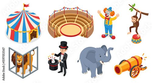 Illustration of a circus theme with a tent arena clown monkey lion magician elephant and cannon design