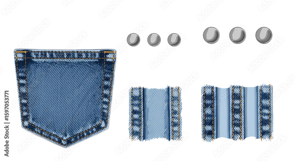 Isolated denim pocket and fabric strips with metal rivets on a white background studio shot view item