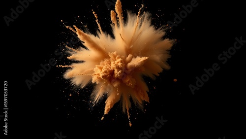 Abstract brown powder explosion in mid-air against a dark background, captured with dynamic motion.