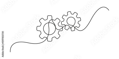 Two connected gears in one continuous line art style illustration. Gears drawing with editable black stroke on white background. Vector illustration