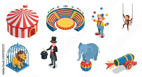Isometric circus elements featuring a tent, arena, clown, monkey, lion, magician, elephant and cannon