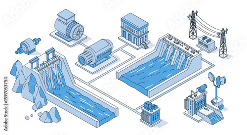 Isometric illustration of a hydroelectric power plant with dams generators and transmission lines setup