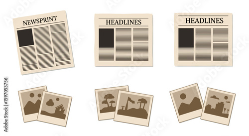 Three newspapers with headlines and newsprint above three pairs of landscape photograph prints shown here