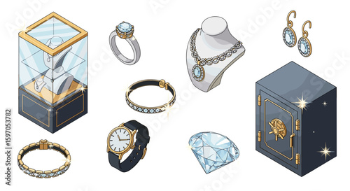 Display of jewelry including rings necklace earrings watch diamond and a safe box on white background