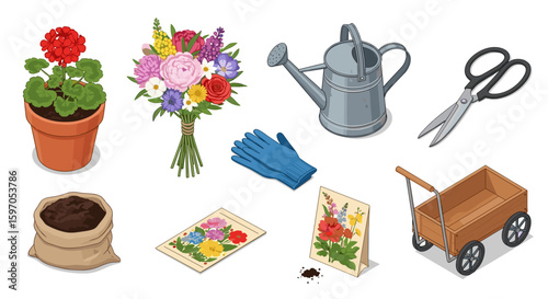 Assortment of gardening tools including flower pot bouquet watering can and garden cart displayed