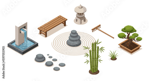 Isometric zen garden arrangement featuring stone lantern bench and water feature in a peaceful setting