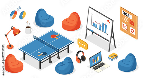Isometric view of office space with ping pong table and bean bag chairs and presentation board shown
