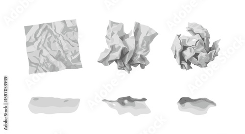 Progression of crumpled paper from flat sheet to wadded ball in grayscale on a white background view