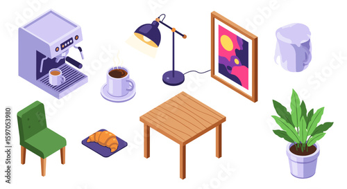 Isometric view of coffee machine croissant table lamp chair and plant in a minimalist setting scene