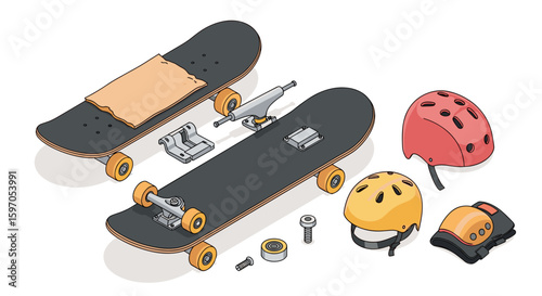 Isometric view of two skateboards with components and safety gear on a white background illustration