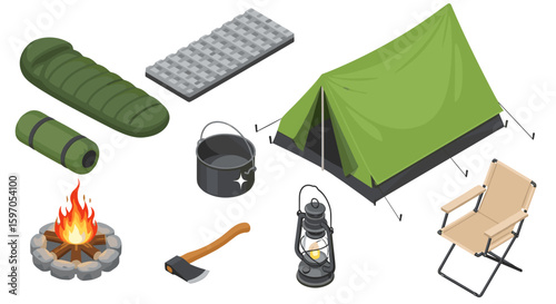 Isometric camping equipment including a green tent sleeping bag campfire and other outdoor gear items