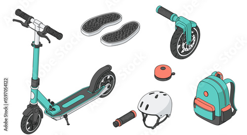 Isometric view of a scooter with accessories including a helmet and backpack and shoe soles nearby