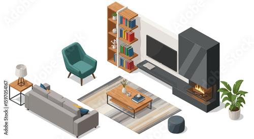 Isometric living room setup featuring a fireplace, bookshelf, couch, and coffee table arrangement nicely done