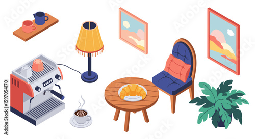 Isometric view of a coffee shop interior with furniture and decorations including plants and artwork pieces