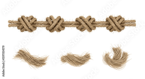 Close up of a rope with knots and loose strands on a white background in a studio setting photo style