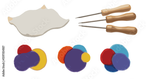 Still life featuring a white clay piece three awls and three colorful abstract clay sculptures