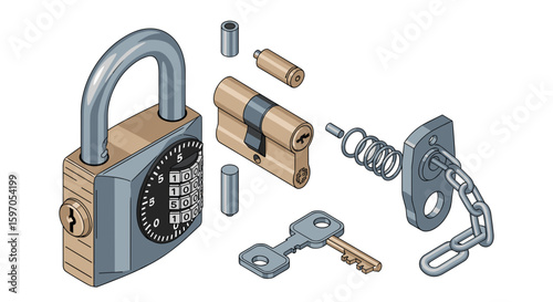 Exploded view of a combination padlock with key cylinder chain and spring in isometric perspective