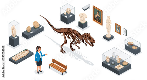 Isometric museum exhibit featuring a dinosaur skeleton, statues, paintings, and a museum guide figure