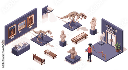 Isometric museum interior with dinosaur skeletons statues and paintings displayed for visitors view 100