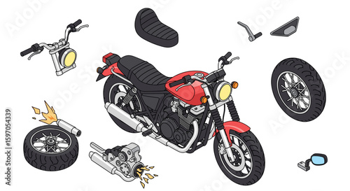 Isometric view of a red motorcycle with detached parts including wheels and engine assembly shown