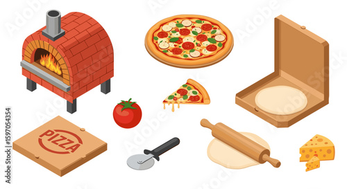 Isometric pizza preparation scene featuring a brick oven, whole pizza, slice, ingredients, and pizza box elements