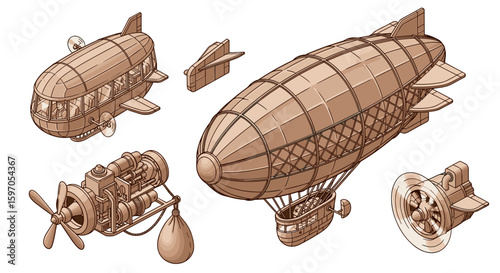 Isometric view of steampunk airships with propellers, engines, and detailed basket compartments shown