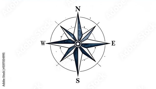 Stylized compass rose, nautical design, eight-pointed star, direction, guidance.
