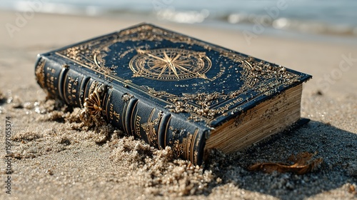 Ornate book resting on a sandy beach.
