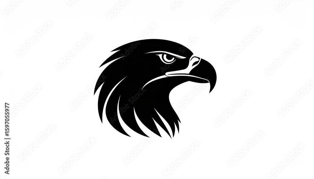 Obraz premium A stylized, black silhouette of an eagle's head in profile, facing right, with a sharp beak and focused gaze against a white background.