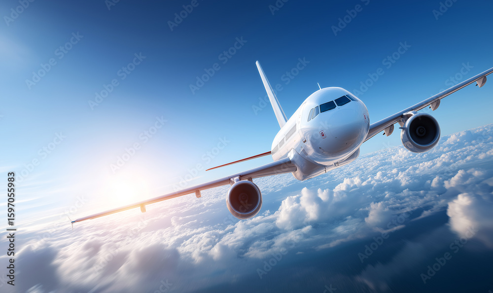Fototapeta premium Passenger airplane flying in blue sky above clouds