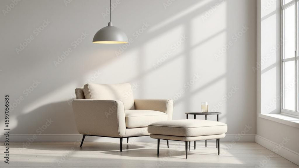 Fototapeta premium Modern Living Room with Beige Armchair and Hanging Lamp