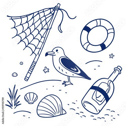 Blue sketch of beach elements with seagull and bottle umbrella lifebuoy