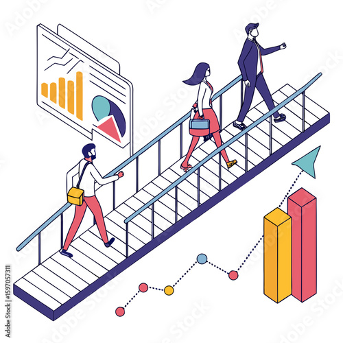 Business people ascending data bridge graphs