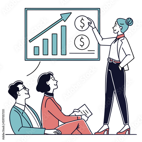 Business presentation with growth chart and audience vector